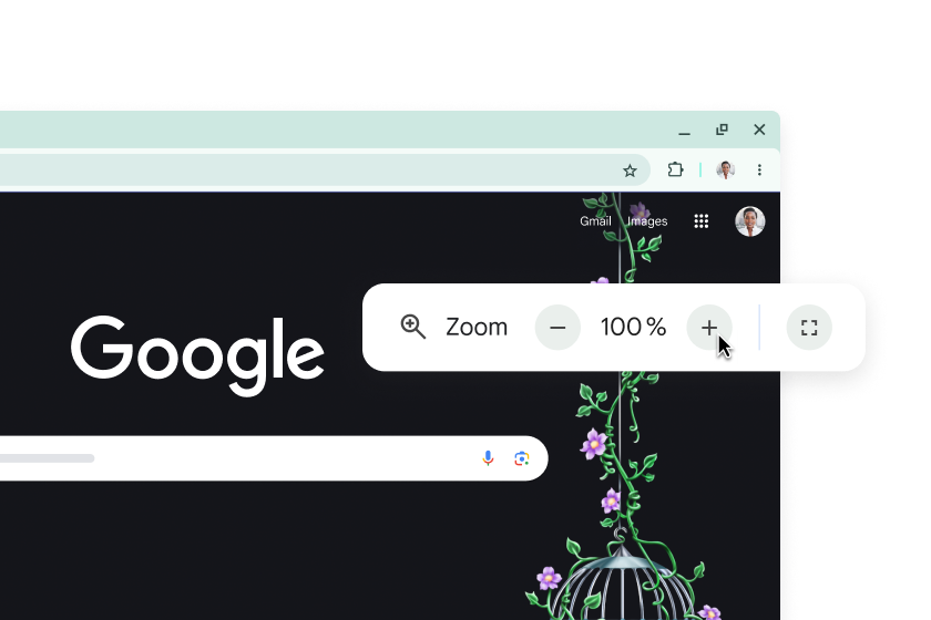 The Google homepage and a pop-up with Zoom set to 100%