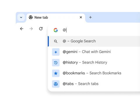 A dropdown with shortcuts for History, Bookmarks, and Tabs.